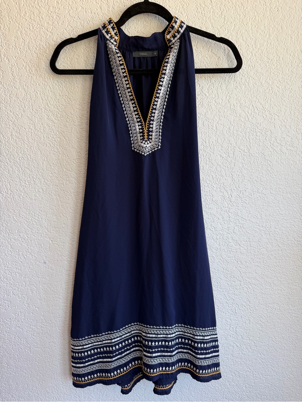 THML Navy Embroidered Halter Dress with Gold & White Trim